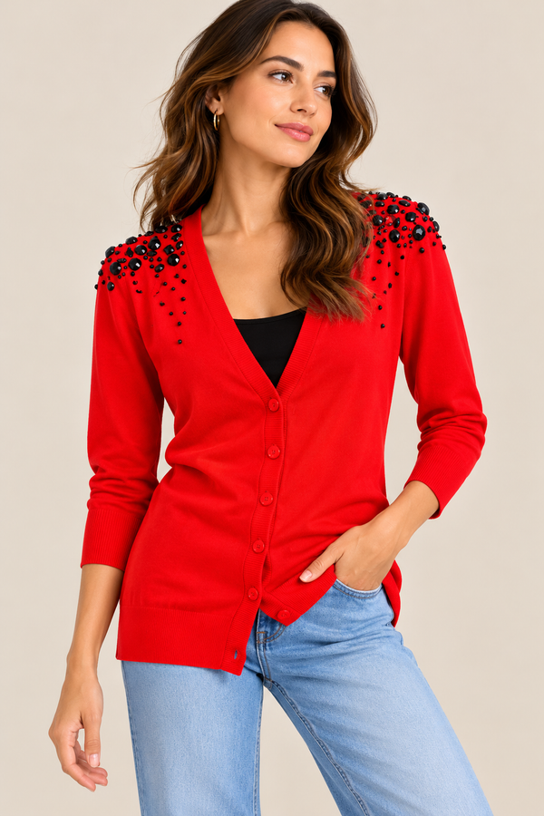 Cardigan long rouge à pierres noires seconde main - Bedo- La Penderie du Paradis