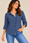 Blouse bleue et blanche à motifs seconde main - Grenier- La Penderie du Paradis