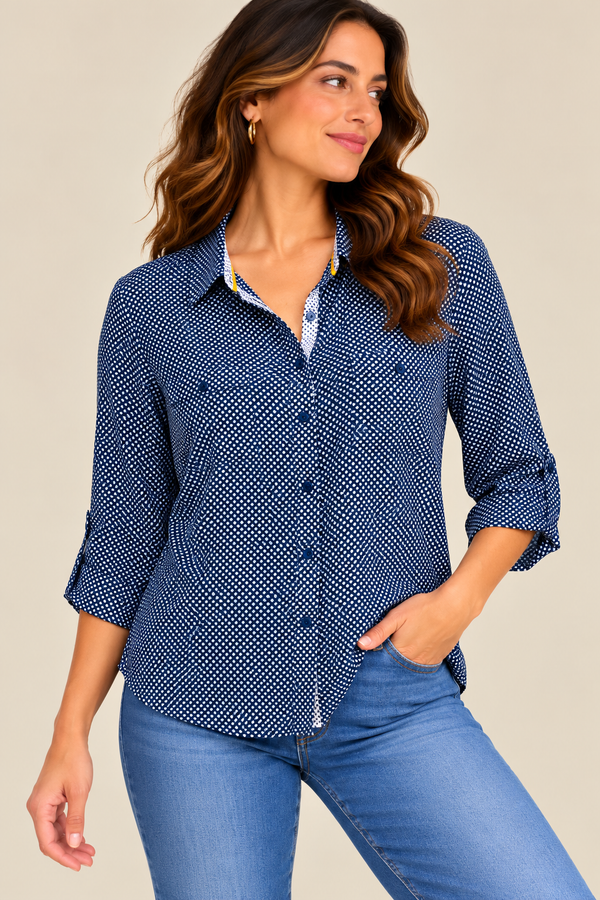 Blouse bleue et blanche à motifs seconde main - Grenier- La Penderie du Paradis