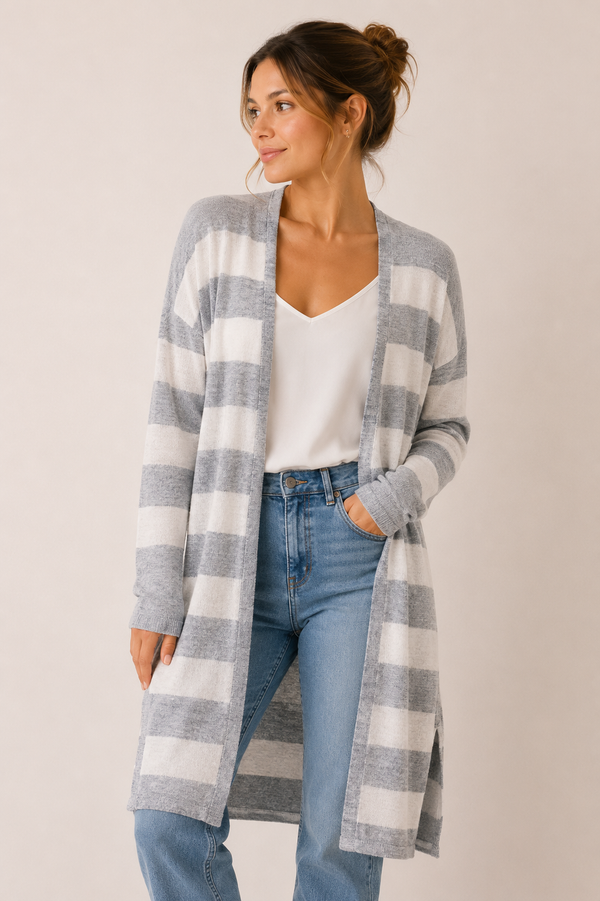 Cardigan ouvert long gris et crème rayé seconde main - Caroline Grace- La Penderie du Paradis