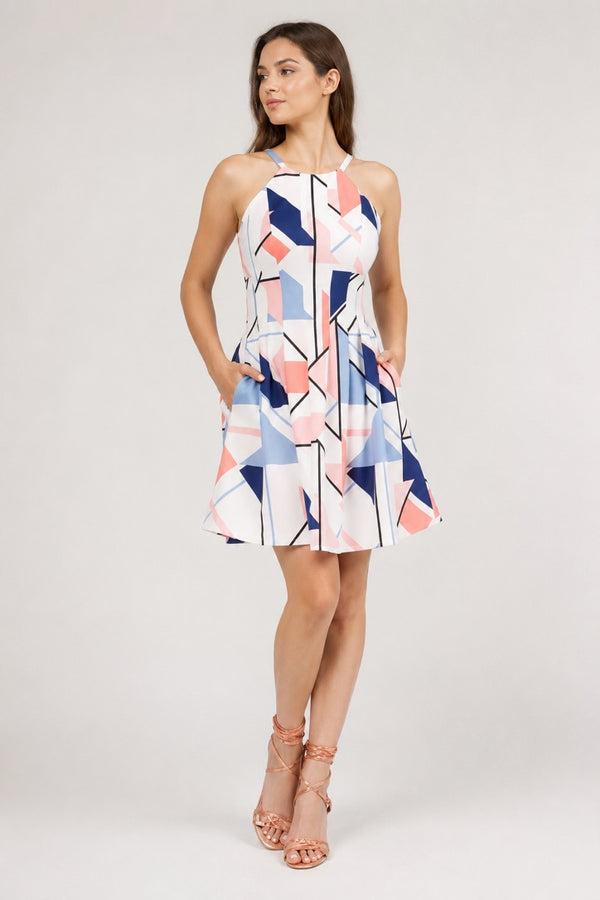Robe blanche bleue et rose à motifs géométriques seconde main - Vince Camuto- La Penderie du Paradis