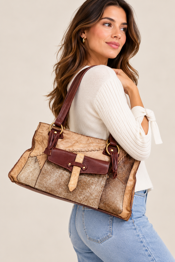 Sac à main beige en cuir et fourrure seconde main - Nardelli- La Penderie du Paradis