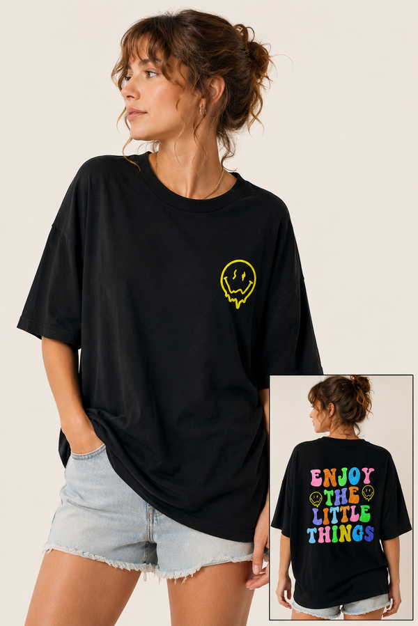 T-shirt noir oversized Smiley ''enjoy the little things'' seconde main - Romwe- La Penderie du Paradis