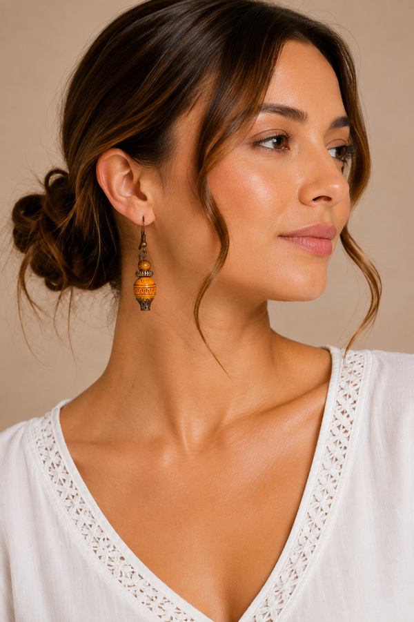 Boucles d’oreilles pendantes bohèmes à billes effet bois* seconde main - Autres- La Penderie du Paradis