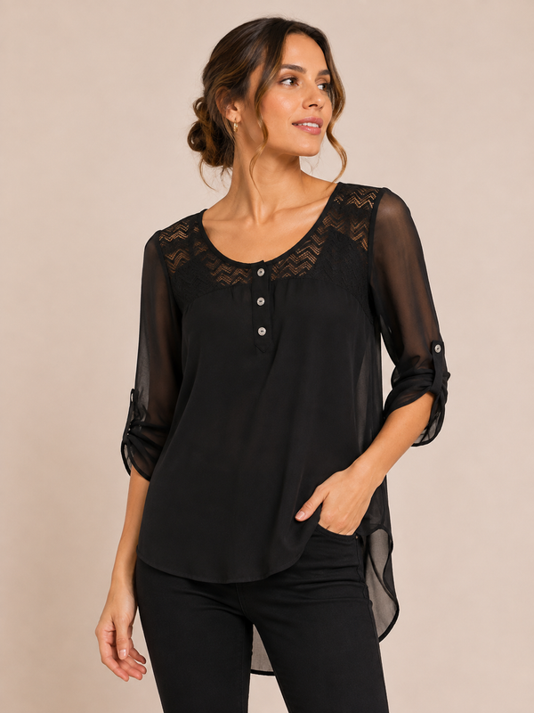 Blouse noire transparente à dos en dentelle seconde main - American Dream- La Penderie du Paradis
