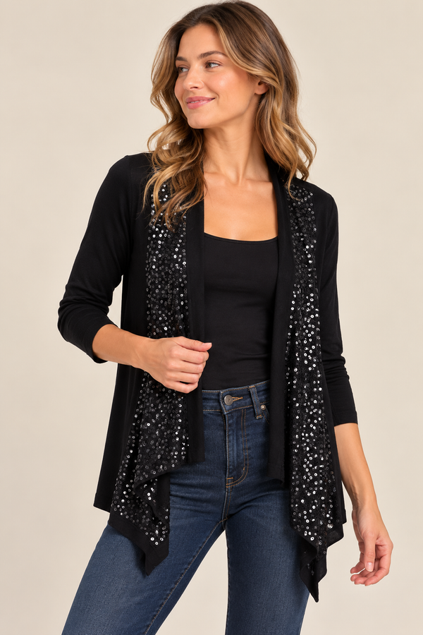 Cardigan noir ouvert à bordures de paillettes* seconde main - Soaked In Luxury- La Penderie du Paradis