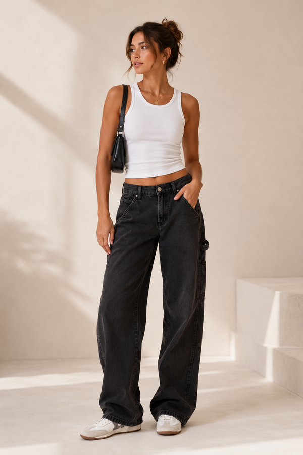 Jeans cargo noir délavé à taille haute seconde main - Garage- La Penderie du Paradis