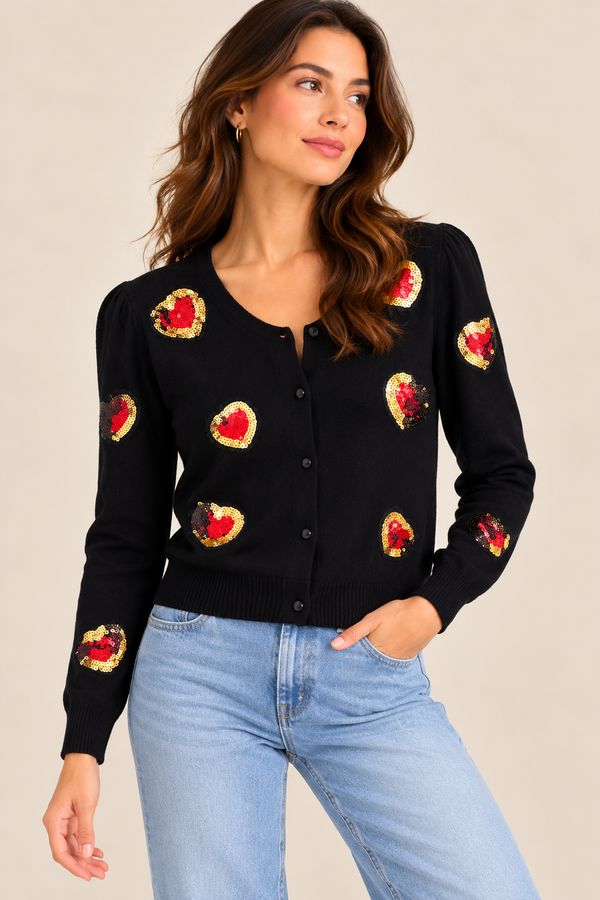 Cardigan noir à coeurs en paillettes* seconde main - Nosecrets- La Penderie du Paradis