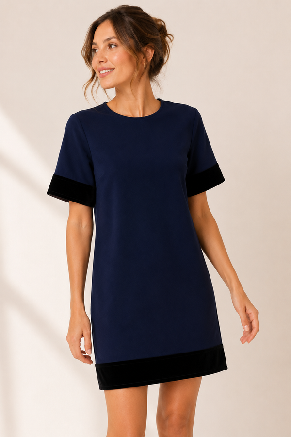 Robe Iris marine avec détails de velours noirs* seconde main - Zeyzani- La Penderie du Paradis