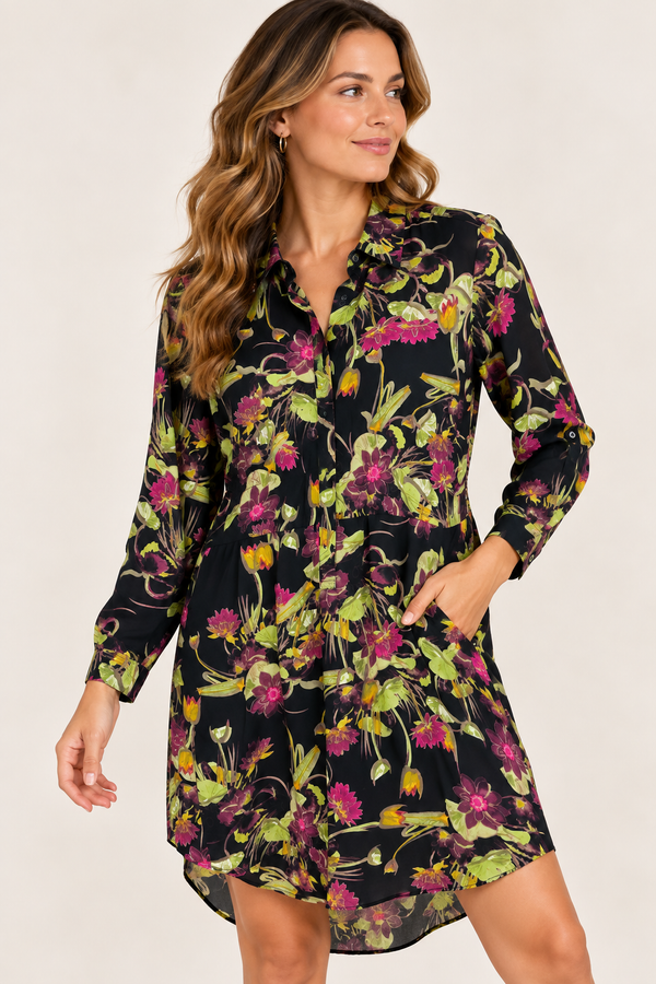 Robe chemisier fleurie noire et verte à manches longues seconde main - Joe Fresh- La Penderie du Paradis