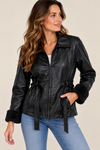 Manteau noir vintage faux cuir avec manches en fausse fourrure seconde main - Penmans- La Penderie du Paradis