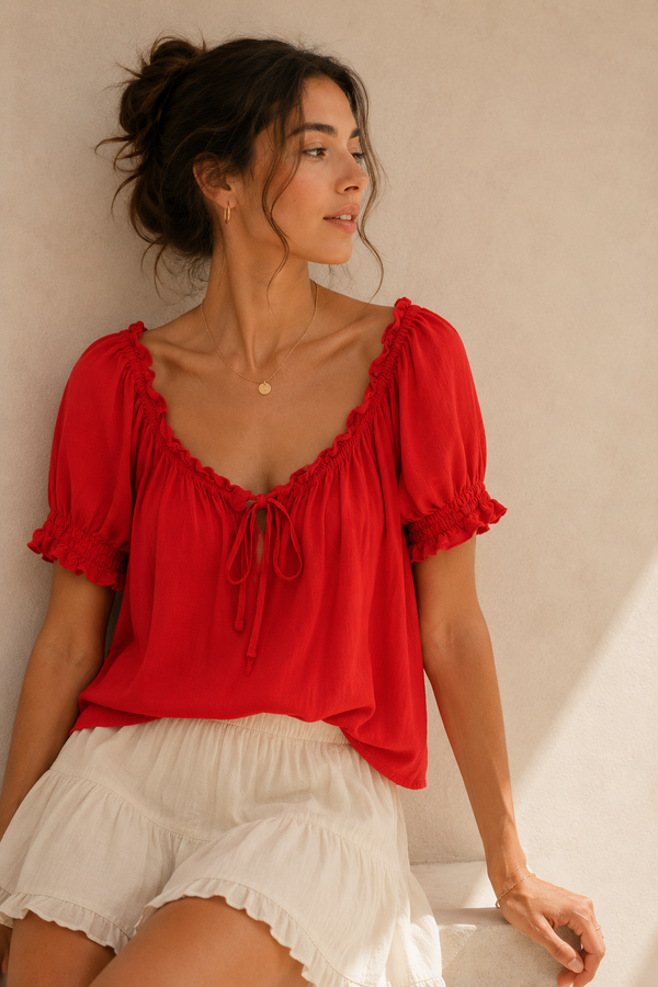 Haut rouge avec froufrou seconde main - Active USA- La Penderie du Paradis