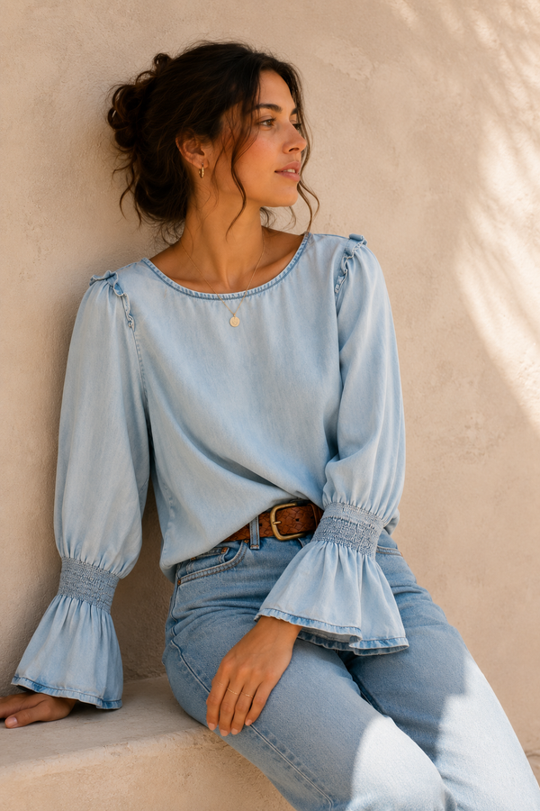 Haut bleu pâle en denim seconde main - Suko Jeans- La Penderie du Paradis