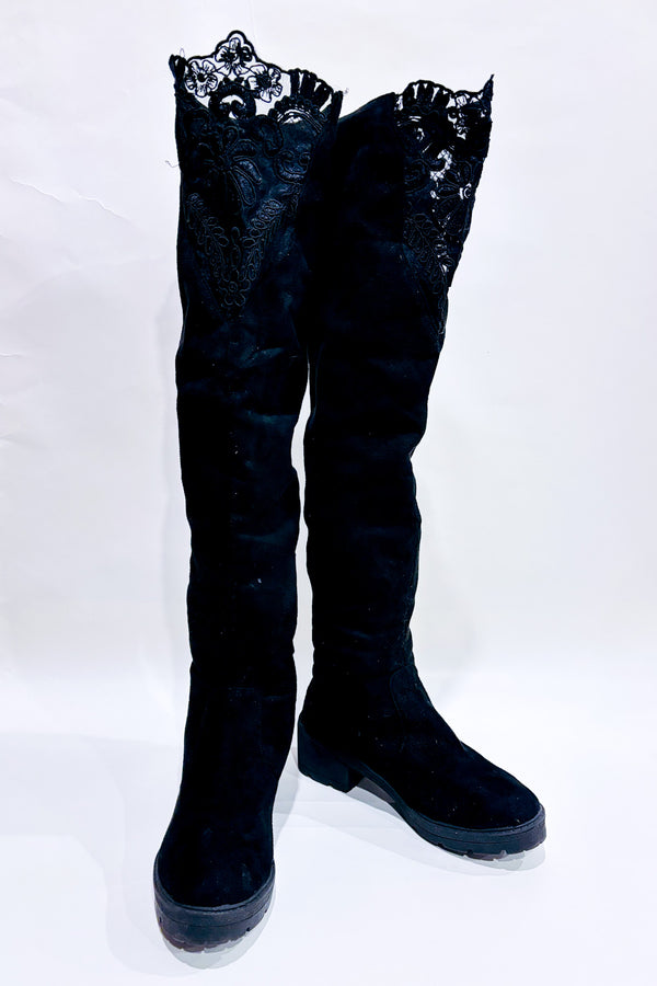 Bottes noires longues avec dentelle (8) seconde main - Autres- La Penderie du Paradis