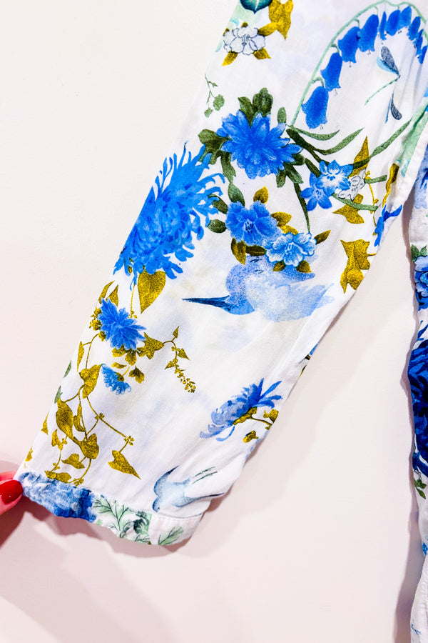 Blouse fluide fleurie blanche et bleue seconde main - Zara- La Penderie du Paradis