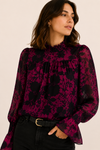 Blouse bourgogne et noire fleurie à manches fluides*