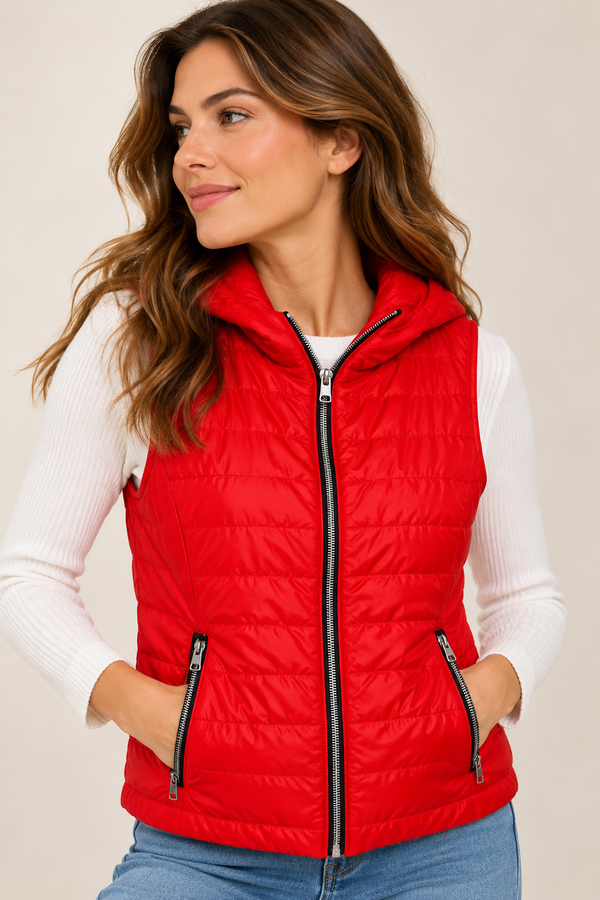 Veste matelassée rouge à capuchon sans manches* seconde main - Proportion Petite / Conrad C- La Penderie du Paradis
