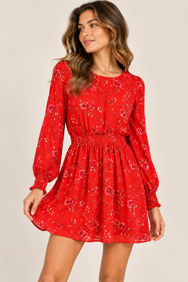 Robe rouge fleurie à manches longues et taille smockée* seconde main - Dynamite- La Penderie du Paradis