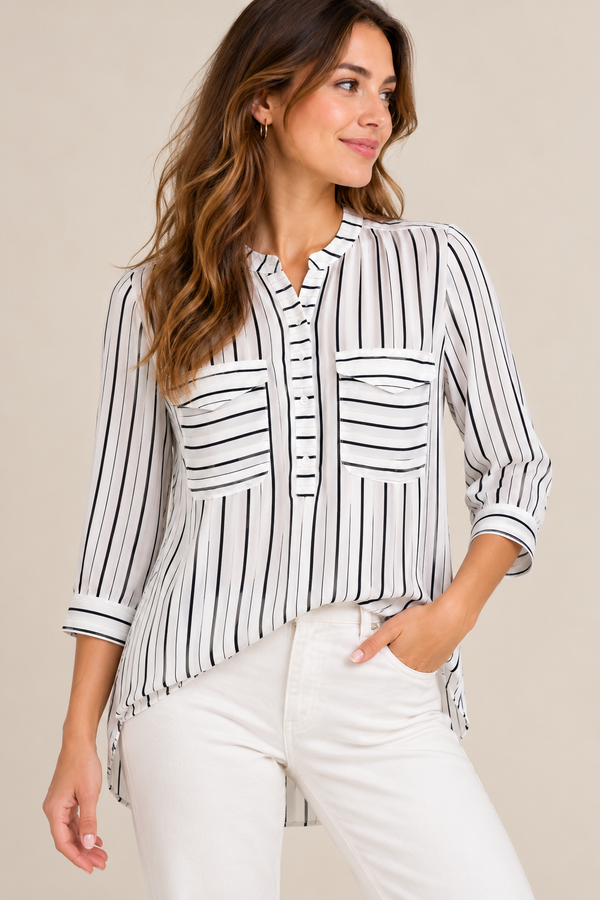 Blouse blanche et noire rayée* seconde main - Reitmans- La Penderie du Paradis