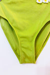 Bas de maillot de bain taille haute vert côtelé avec fleurs brodées seconde main - Retro Stage- La Penderie du Paradis