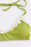 Haut de maillot de bain vert côtelé à fleurs brodées seconde main - Retro Stage- La Penderie du Paradis