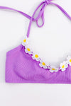 Haut de maillot de bain lilas côtelé à fleurs brodées seconde main - Retro Stage- La Penderie du Paradis