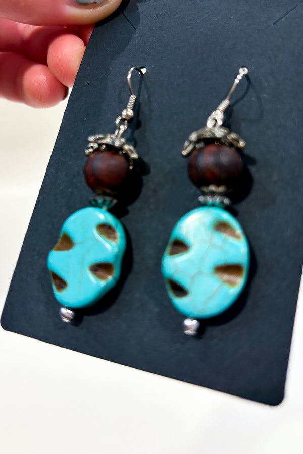 Boucles d'oreilles pendentif bille de bois et pierre turquoise seconde main Autres