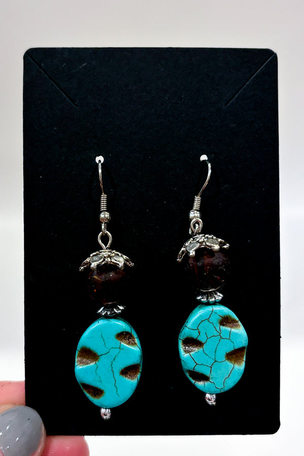 Boucles d'oreilles pendentif bille de bois et pierre turquoise seconde main Autres