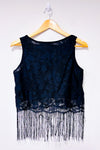 Camisole noire en dentelle fleurie avec franges seconde main - Candy Couture- La Penderie du Paradis