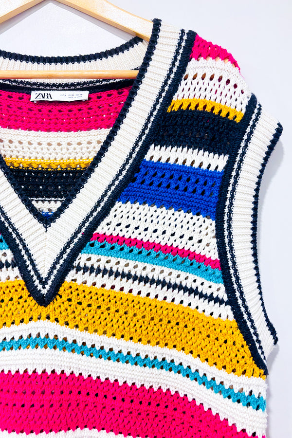 Débardeur oversized en tricot rayé multicolore col V* seconde main - Zara- La Penderie du Paradis