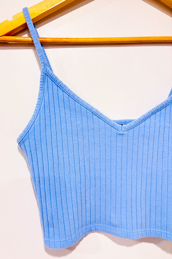 Camisole courte côtelée bleue seconde main - H&M- La Penderie du Paradis