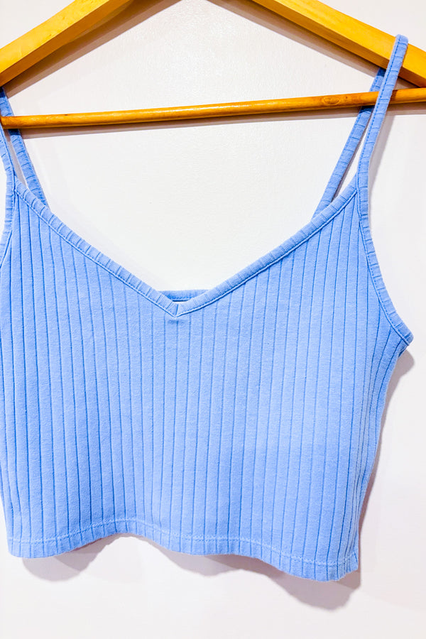 Camisole courte côtelée bleue seconde main - H&M- La Penderie du Paradis
