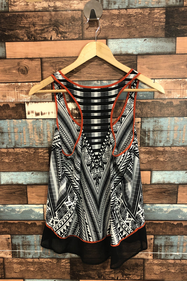 Camisole fluide noire et orange motifs géométriques (s) seconde main Dynamite