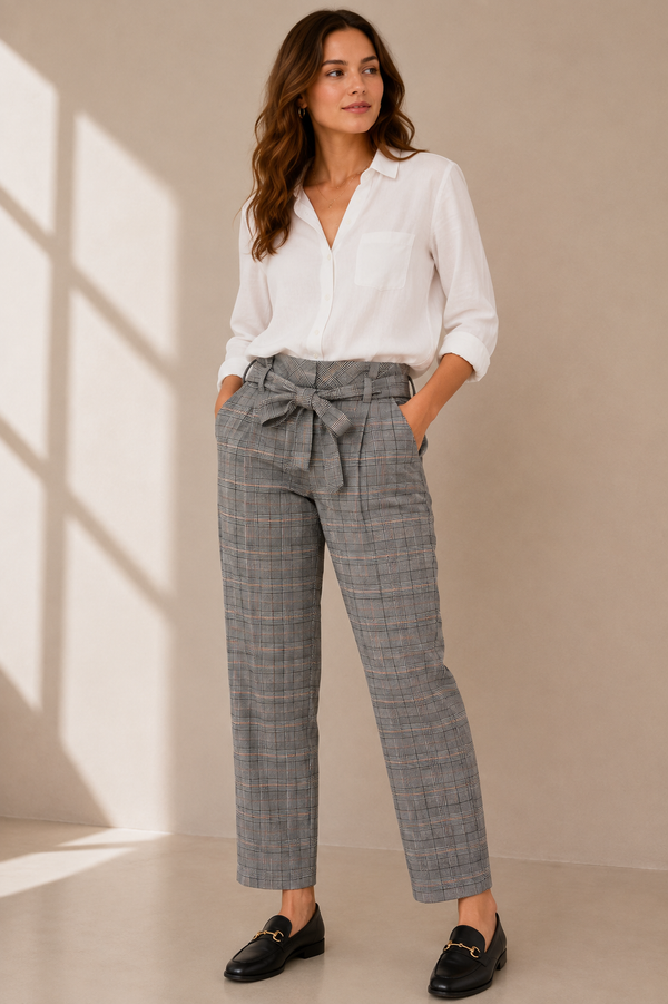 Pantalon gris à carreaux avec ceinture à nouer* seconde main - RW&CO.- La Penderie du Paradis