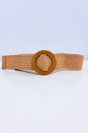 Straw-effect braided elastic belt with round buckle