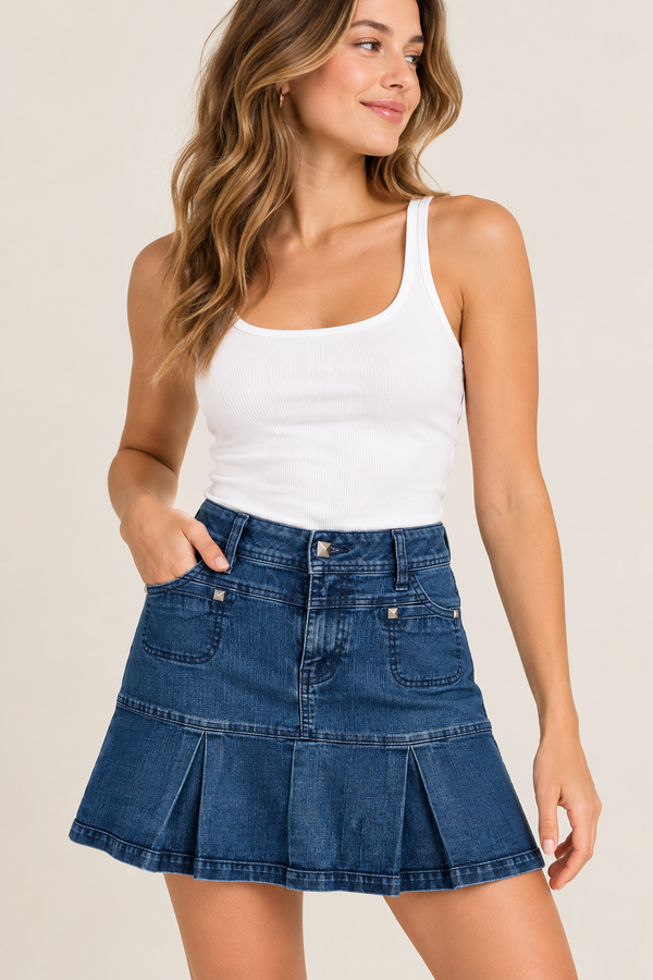 Jupe en denim bleu foncé plissée seconde main - Lois Jeans- La Penderie du Paradis
