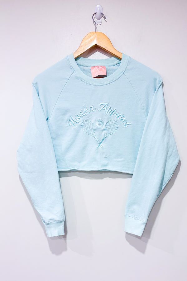 Chandail coupé en coton ouaté vert menthe avec broderie (xs)-Hoaka Apparel-La Penderie du Paradis 🕊