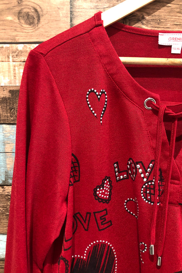 Chandail rouge ''Love'' avec bande rayée noire et blanche au bas (xl) seconde main Grenier