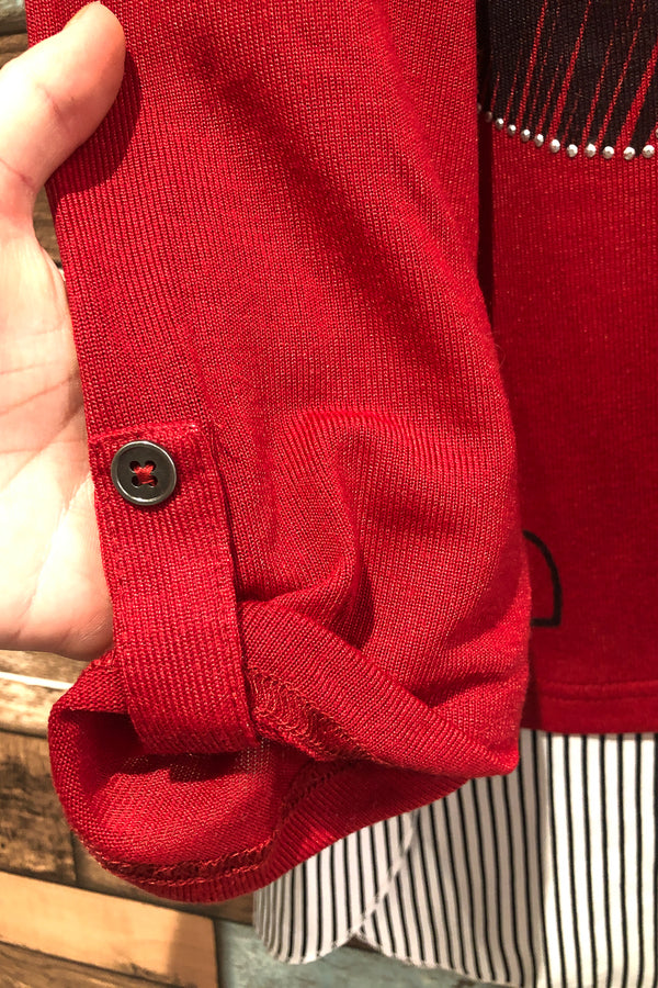 Chandail rouge ''Love'' avec bande rayée noire et blanche au bas (xl) seconde main Grenier