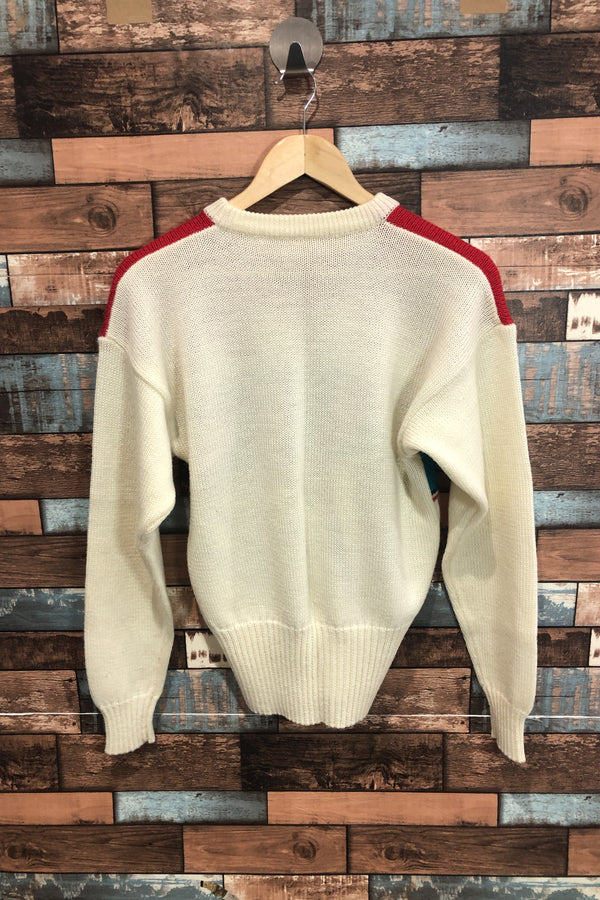 Chandail vintage beige en tricot avec motifs rouges et bleus (s/m) seconde main Autres