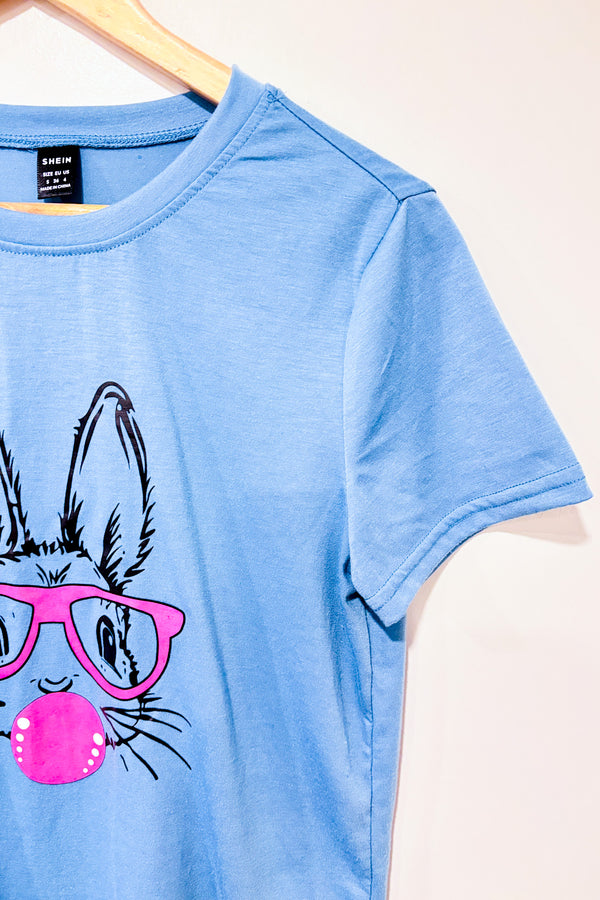 T-shirt bleu avec lapin à lunettes (s)-SHEIN-La Penderie du Paradis 🕊