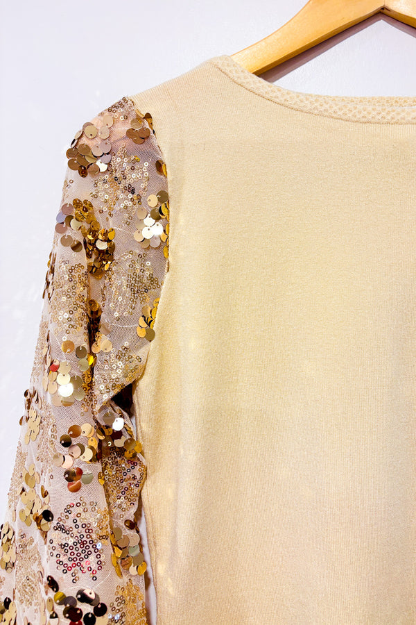 Chandail beige avec manches en paillettes* seconde main - Sioni- La Penderie du Paradis