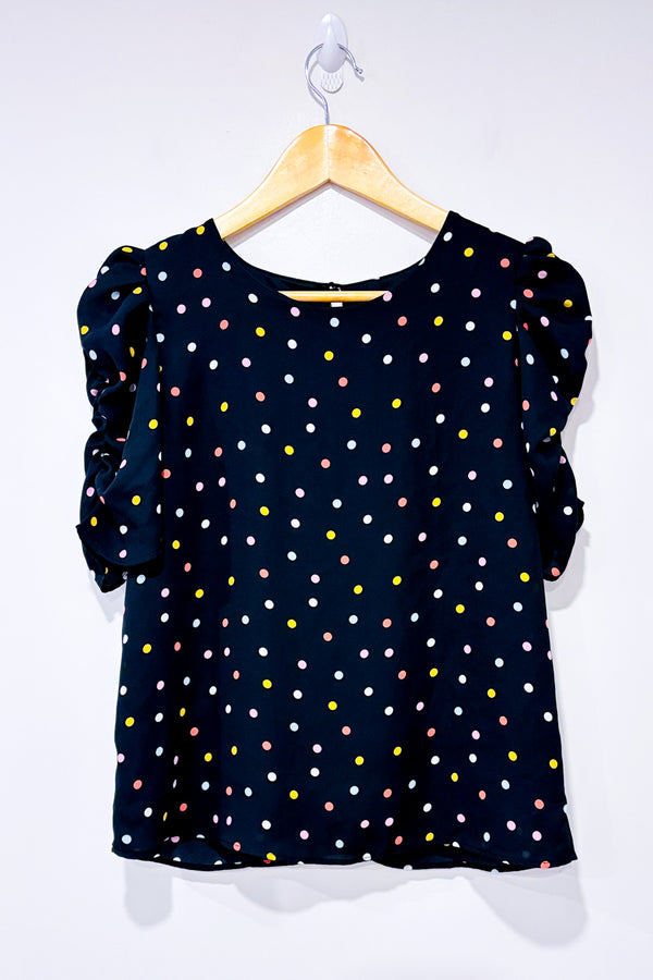 Haut noir à pois multicolore et manches bouffantes seconde main - Autres- La Penderie du Paradis