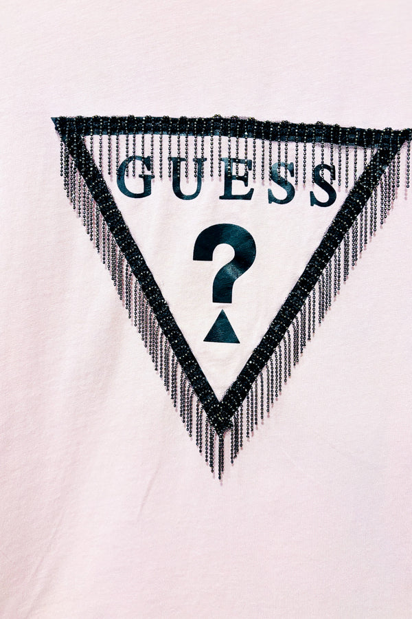 T-shirt rose avec logo et franges à paillettes seconde main - Guess- La Penderie du Paradis