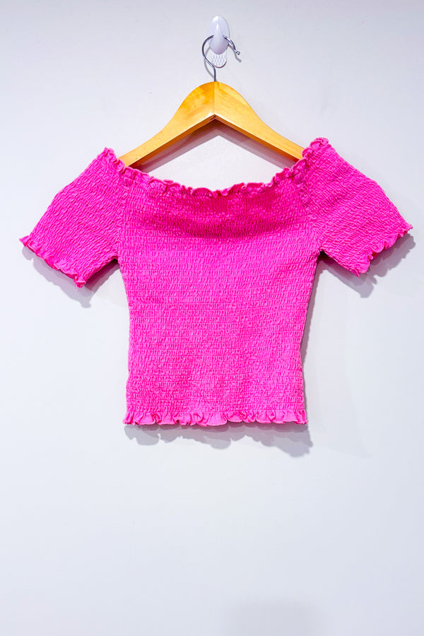 Haut extensible rose avec épaules dénudées seconde main - H&M- La Penderie du Paradis