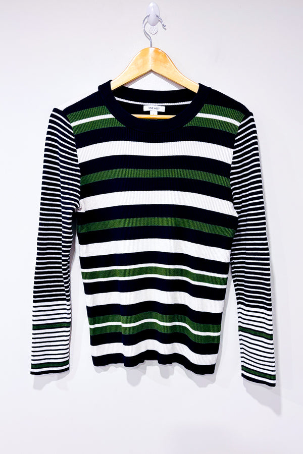 Chandail côtelé rayé marine et vert seconde main - Nine West- La Penderie du Paradis