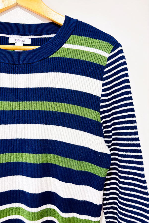 Chandail côtelé rayé marine et vert seconde main - Nine West- La Penderie du Paradis