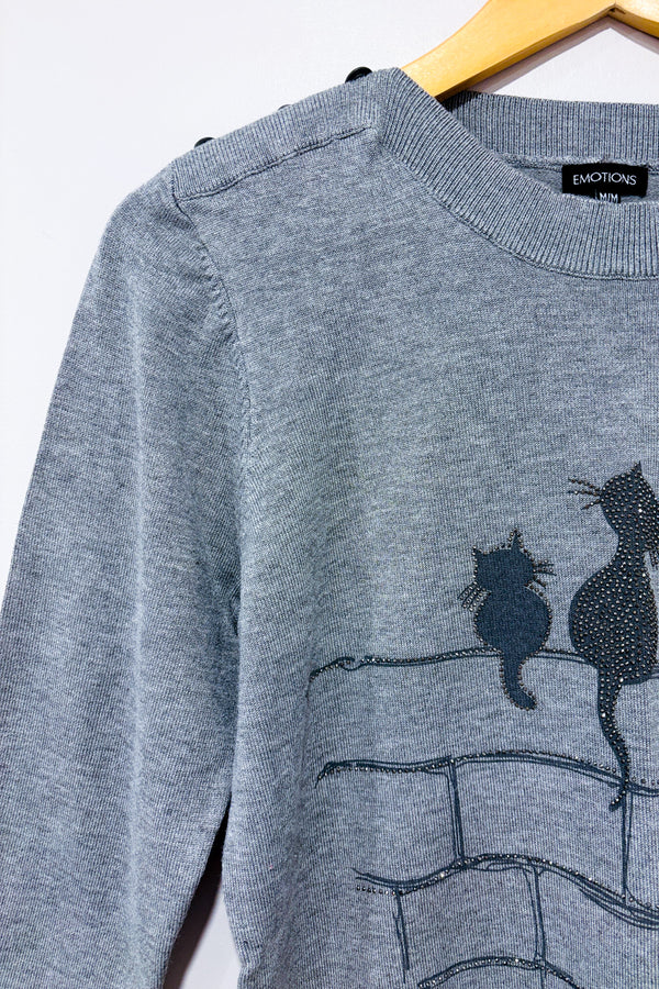 Chandail en tricot léger avec chats et pierres seconde main - Émotions- La Penderie du Paradis