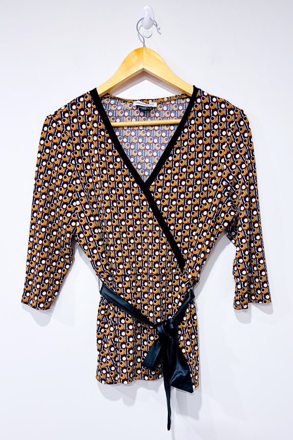 Haut cache-cœur motifs rétro 70’s brun et marine * seconde main - San Francisco- La Penderie du Paradis