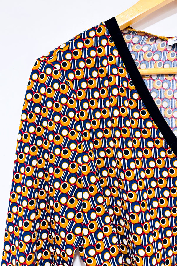 Haut cache-cœur motifs rétro 70’s brun et marine * seconde main - San Francisco- La Penderie du Paradis